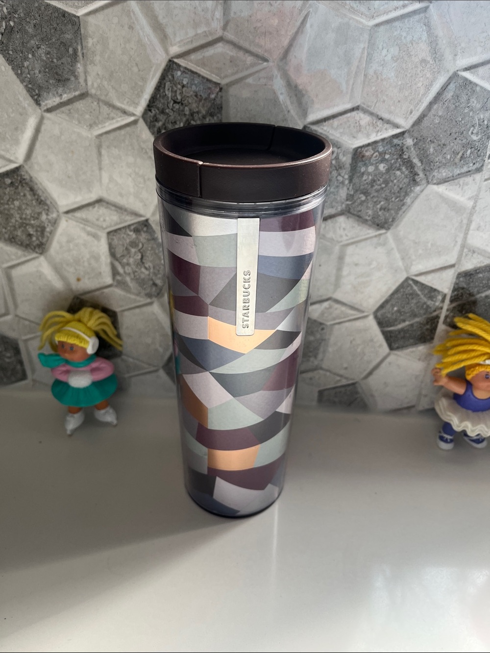 Starbucks 16oz Multicolor Geometric Plastic Tumbler with Brown Slide Lid